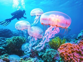 Scuba Diver Exploring Jellyfish in Coral Reef