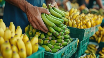 Smiling fruit vendor holding bunch of bananas at outdoor market, fresh produce, tropical fruits,...