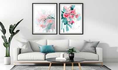 Bright and airy living room showcases a pair of beautifully framed floral artworks above a cozy sofa. The space features modern furnishings and a touch of greenery, creating a welcoming atmosphere