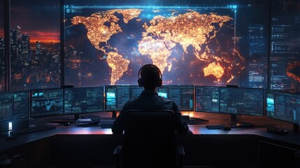Man working in command center with glowing digital world map on multiple monitors, global data analysis, cyber technology, futuristic surveillance, and network operations