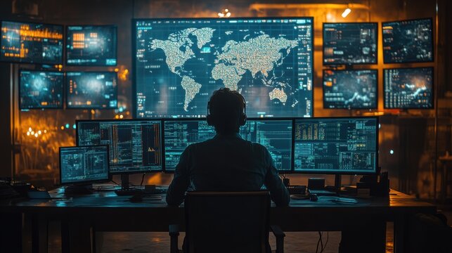 Man working in command center with glowing digital world map on multiple monitors, global data analysis, cyber technology, futuristic surveillance, and network operations