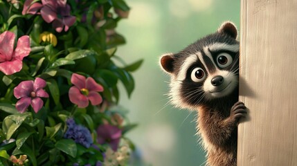 Obraz premium A raccoon peeks out of a flower-filled wall hole