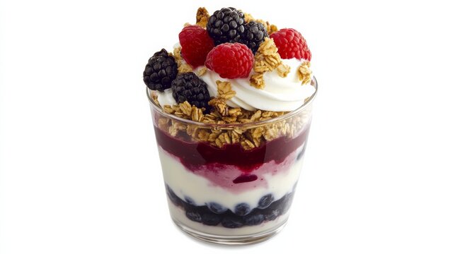 A colorful fruit parfait with layers of yogurt, granola, and fresh berries