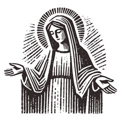 Abstract Illustration of Holy Mary with Halo. Rough wood block print style vector Illustration.
