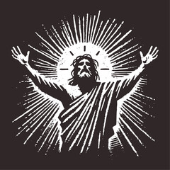 Jesus Enlightement. Rough wood block print style vector Illustration