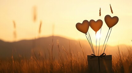   Three heart-shaped balloons in a box, surrounded by a field at sunset