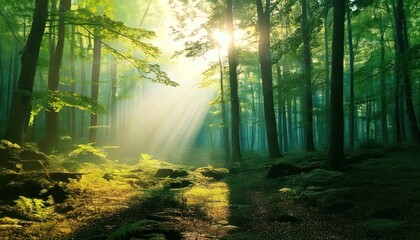 Obraz premium Beautiful rays of sunlight in a green forest 