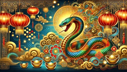 Fototapeta premium Majestic snake celebrating lunar new year with lanterns and gold ingots