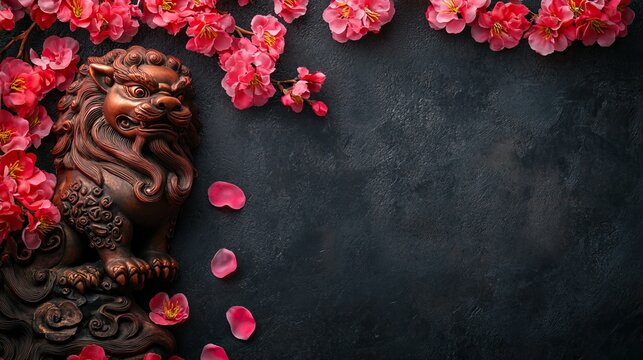 Bronze foo dog statue and pink cherry blossoms on dark background celebrating chinese new year