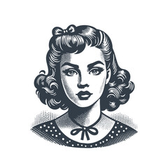 Retro Girl Portrait With Bow in Hair. Vintage Woodcut Engraving Style Vector Illustration.