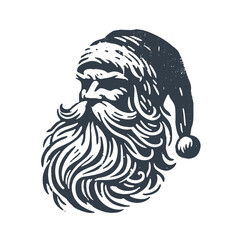Serious Claus Portrait. Black and white wood block print style vector illlustration.