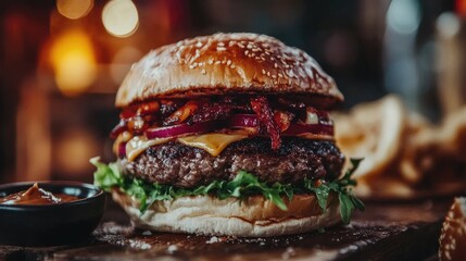 Sizzling burger delight local diner food photography cozy atmosphere close-up view mouthwatering experience for food lovers