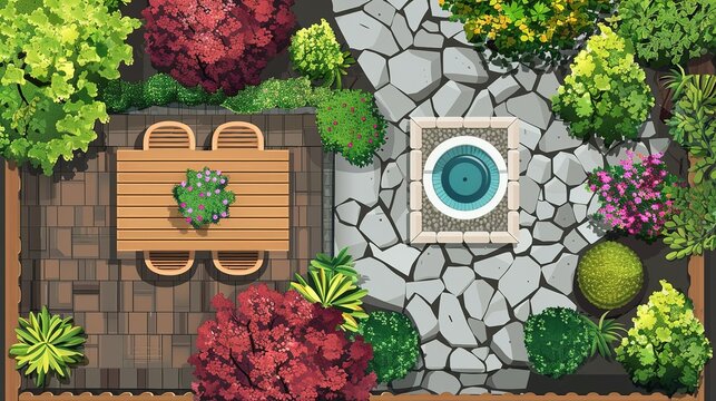 Aerial View of a Landscaped Backyard Garden with Patio