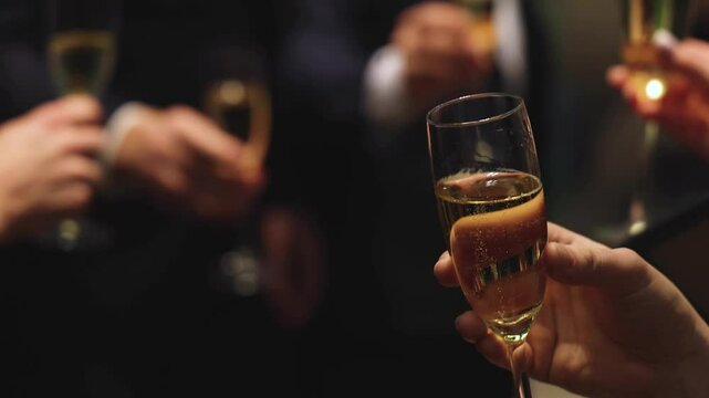 Group of businessmen celebrate, closing successful concluded deal, guests clinking raise glasses with alcohol, sparkling wine, toasting and cheering, colleagues team in office on corporate party event