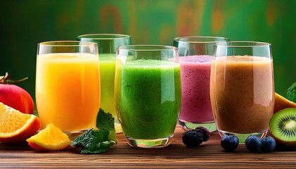 Fototapeta premium Glasses with different healthy smoothies on wooden table, closeup. Variety of fresh fruit