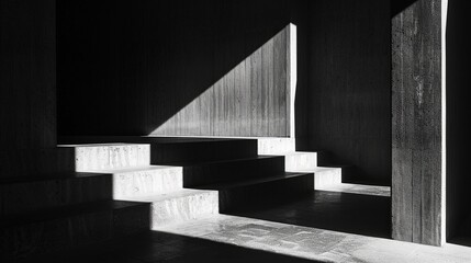 Fototapeta premium Modern concrete staircase bathed in dramatic light and shadows, creating a minimalist, high-contrast architectural scene with strong geometric lines.