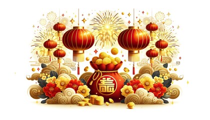 Fototapeta premium Red lanterns and gold coins amid floral patterns celebrating abundance in chinese new year concept