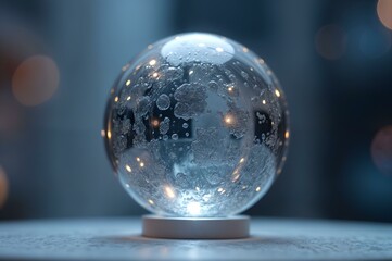 A glass orb with frost like patterns rests on a white base, illuminated from below. Warm bokeh lights in the blurred background suggest an indoor setting.