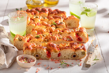 Tasty and homemade focaccia as a popular Italian snack.
