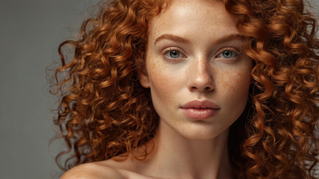 Hermosa joven con pelo rizado rojo y cara bonita
