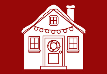 Silueta de casa navideña con decoración en fondo rojo