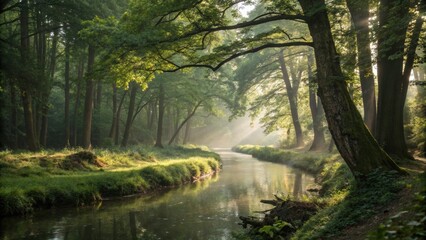 Gentle rays pierce the canopy highlighting a tranquil stream that meanders through the heart of the woodland.