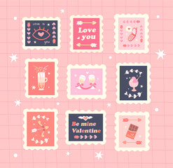 Set of postage stamps for Valentine's Day, in a cartoon retro cute style