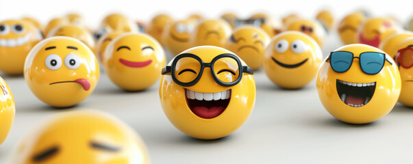 Obraz premium Happy Emoji Figures in a Group Setting. A fun scene of emoji-shaped balls displaying a variety of facial expressions, featuring a standout emoji with glasses smiling brightly. 