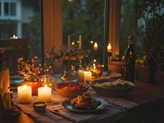 Candlelit table setting with food, flowers, and wine.
