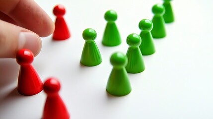 A hand reaching for a red game piece among green ones, symbolizing choice and decision-making.