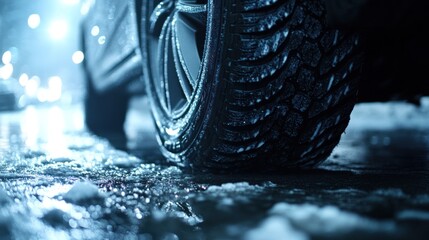 Winter Driving Safety: A Close-Up of a Tire on a Snowy Road at Night