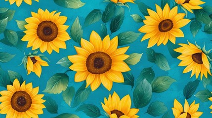 Obraz premium Sunflower painting with blue background, green leaves, and a yellow center