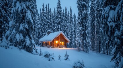 A cozy cabin illuminated by warm light amidst a snowy forest at twilight.