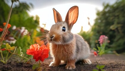 Fototapeta premium rabbit smelling a flower in the garden 