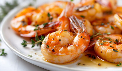 Succulent grilled shrimp with herbs and seasoning, showcasing a gourmet seafood dish ideal for restaurant menus, food blogs, culinary advertisements emphasizing fresh, flavorful,healthy dining options