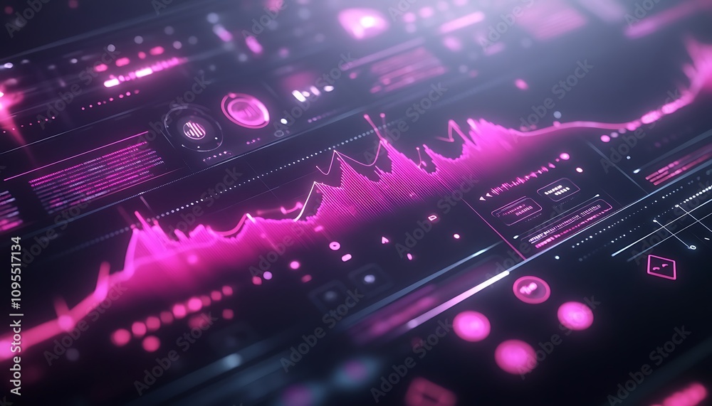 Poster a futuristic digital interface displaying data visualizations and analytics in vibrant pink tones.