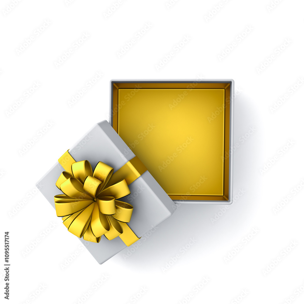 Aufkleber top view of open gold present box product display mockup showcase tied with golden ribbon bow or bla