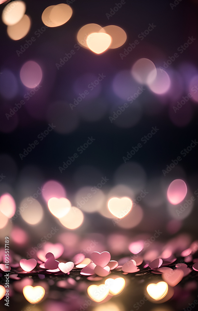 Poster blurry image of pink hearts scattered across a dark background. the hearts are of various sizes and 