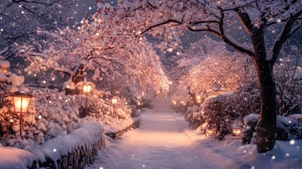 A serene winter pathway lined with snow-covered trees and lanterns, creating a magical ambiance.