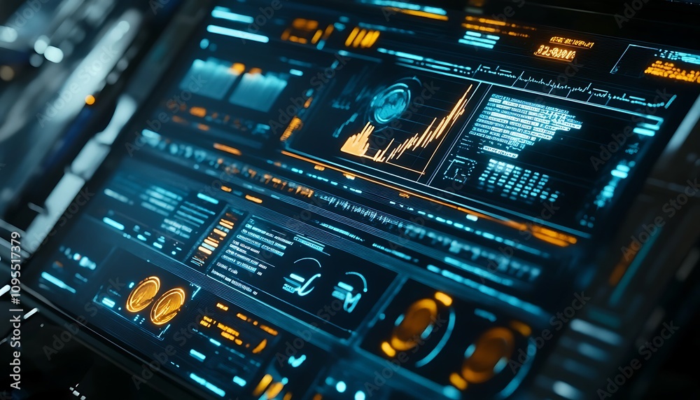 Poster a futuristic interface displaying data analytics and graphical metrics.