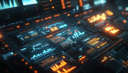 A futuristic interface displaying data visualizations and metrics in a high-tech environment.