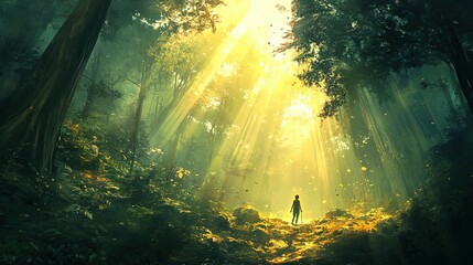 Obraz premium A lone figure walks through a sunlit forest.