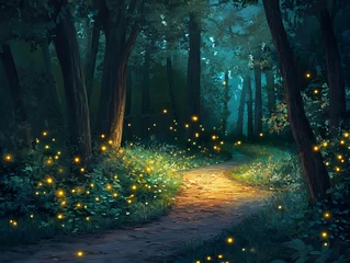 Fleecedeken met foto A fairytale forest at night illuminated by fireflies © bvbflo1
