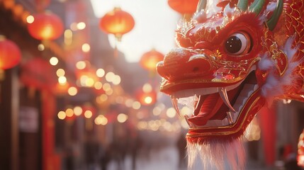 Vibrant dragon head with lanterns on a traditional street celebrating chinese new year festival concept