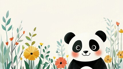  A panda bear rests amidst a sea of blooms against a stark white backdrop