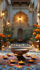 Fototapeta premium India Diwali Candle product display out of carved bronze, courtyard adorned with lit Hindu diyas oil lamps and marigold flowers, colourful rangoli designs, warm glow of diyas, festive Hinduism