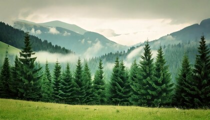 Fototapeta premium Misty landscape with fir forest in hipster vintage retro style 