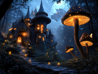 Fantasy Castle with Glowing Mushrooms