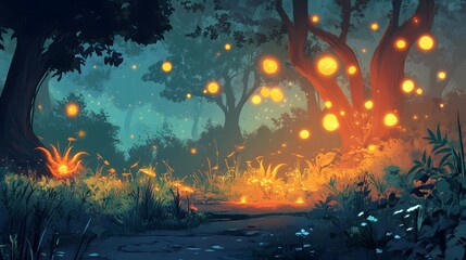 magical forest at dusk with glowing plants and mystic lights