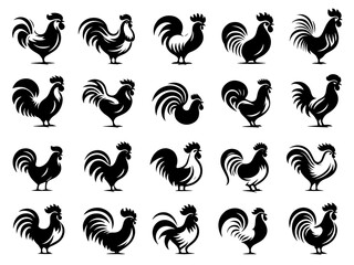 Obraz premium Collection of Twenty Rooster Silhouettes: A Graphic Design Resource of Black and White Rooster Illustrations